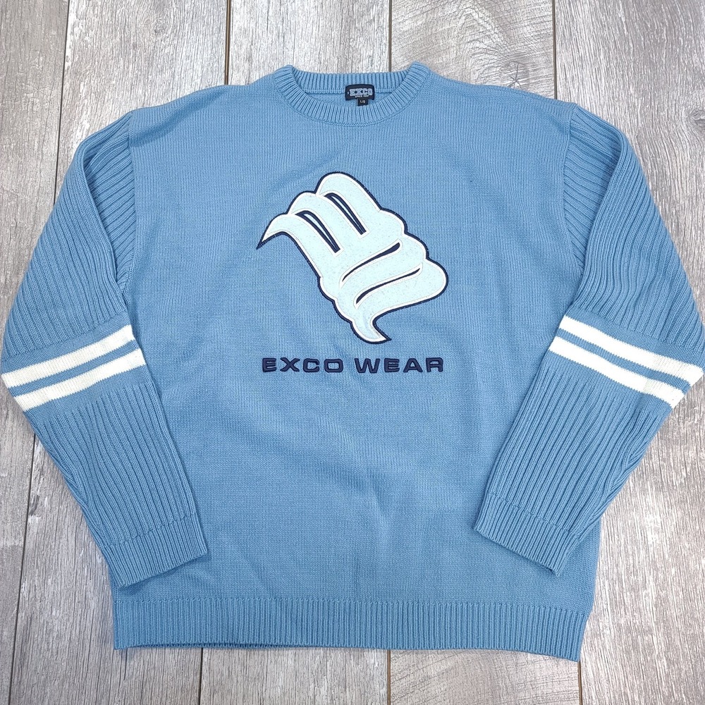 Exco Wear Sweater Mens Size Large Blue Knit Crew Colligate Y2K Streetwear